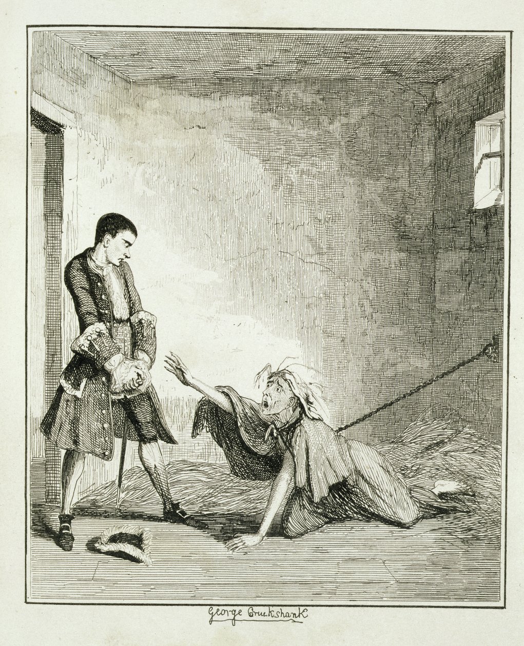 Jack navštěvuje svou matku v Betlémské nemocnici v Londýně, ilustrace z knihy "Jack Sheppard: A Romance" od Williama Harrisona Ainswortha, vydáno 1839 od George Cruikshank