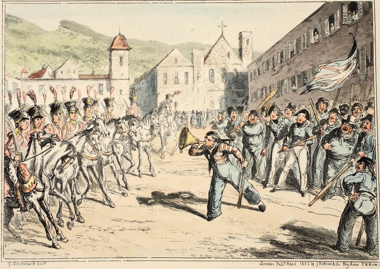 Jacks Trump of Defiance, from Greenwich Hospital, a Series of Naval Sketches, Descriptive of a Life of a Man-of-Wars Man, pub. 1826 (ručně kolorovaná rytina) od George Cruikshank