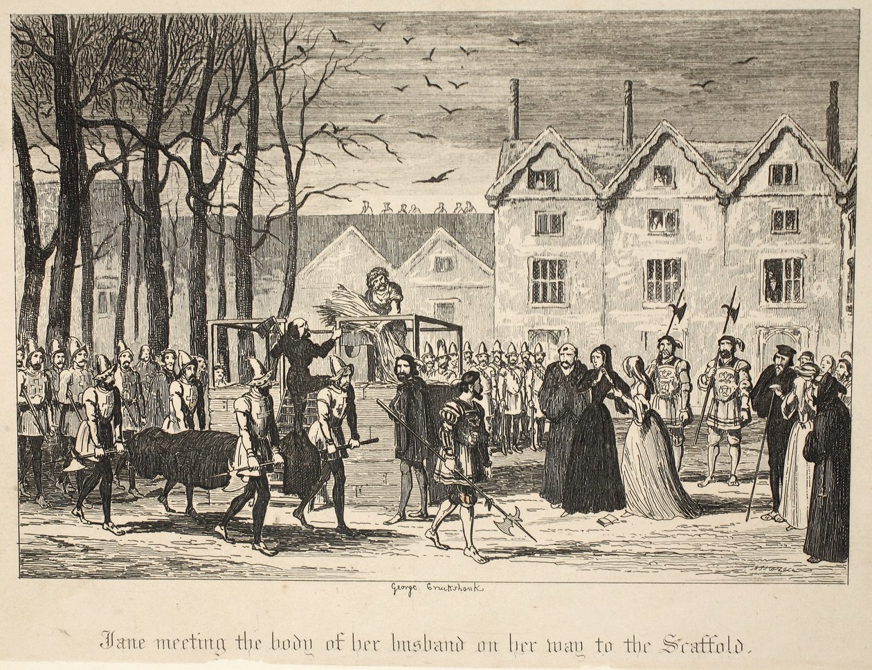 Jane se setkala s tělem svého manžela na cestě na lešení z londýnské hospody Tower. 1840 od George Cruikshank