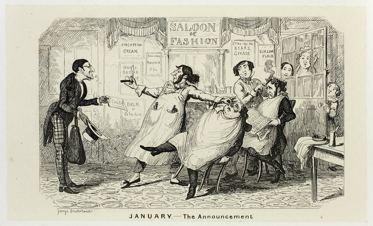 Leden - Oznámení z ocelorytu George Cruikshanka do komiksových almanachů: 1835-1853 od George Cruikshank