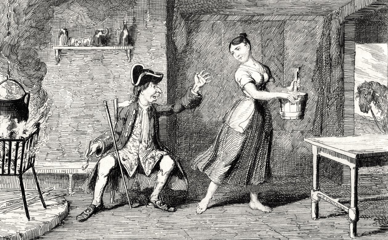 Jeannie Deans v chatě svého otce, ilustrace z „The Heart of Midlothian“ od Sira Waltera Scotta (1771-1832), vydané v roce 1843 od George Cruikshank