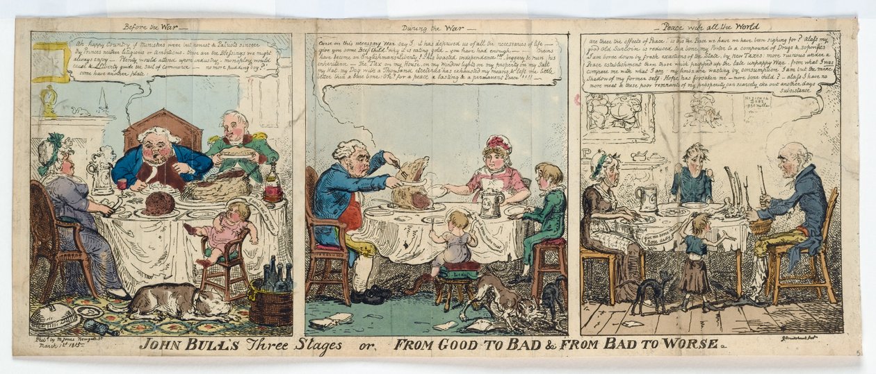 Tři etapy Johna Bulla aneb Od dobrého ke špatnému a Od špatného k horšímu, 1815 (ručně kolorovaná rytina) od George Cruikshank
