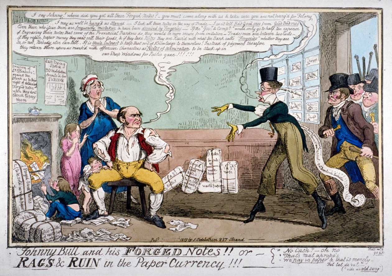 „Johnny Bull a jeho padělané poznámky!!!“, 1819. od George Cruikshank