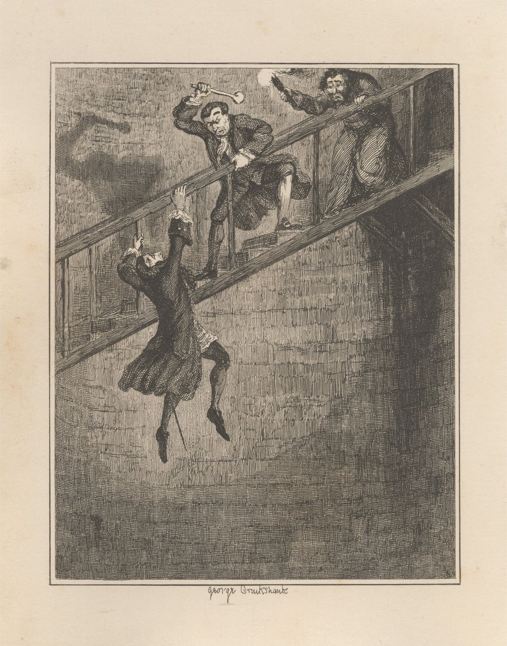 Jonathan Wild shazuje sira Rowlanda Trencharda do studny od George Cruikshank