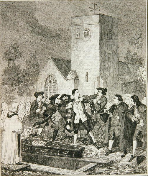 Jonathan Wild se zmocnil Jacka na pohřbu své matky na hřbitově Willesden, ilustrace z „Jack Sheppard: Romance“ od Williama Harrisona Ainswortha, vydáno 1839 (lept) od George Cruikshank