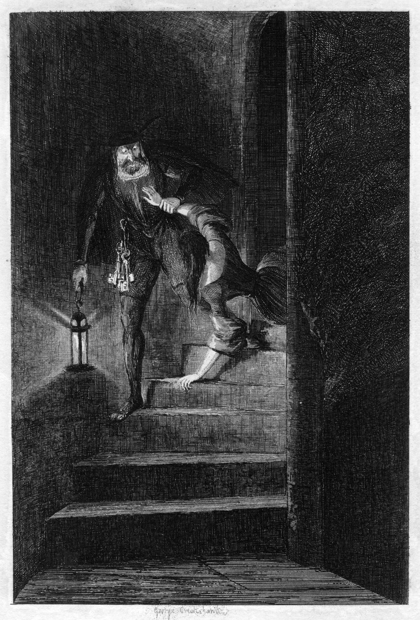 Lawrence Nightgall táhne Cicely dolů po tajných schodech v Solné věži, 1840 od George Cruikshank