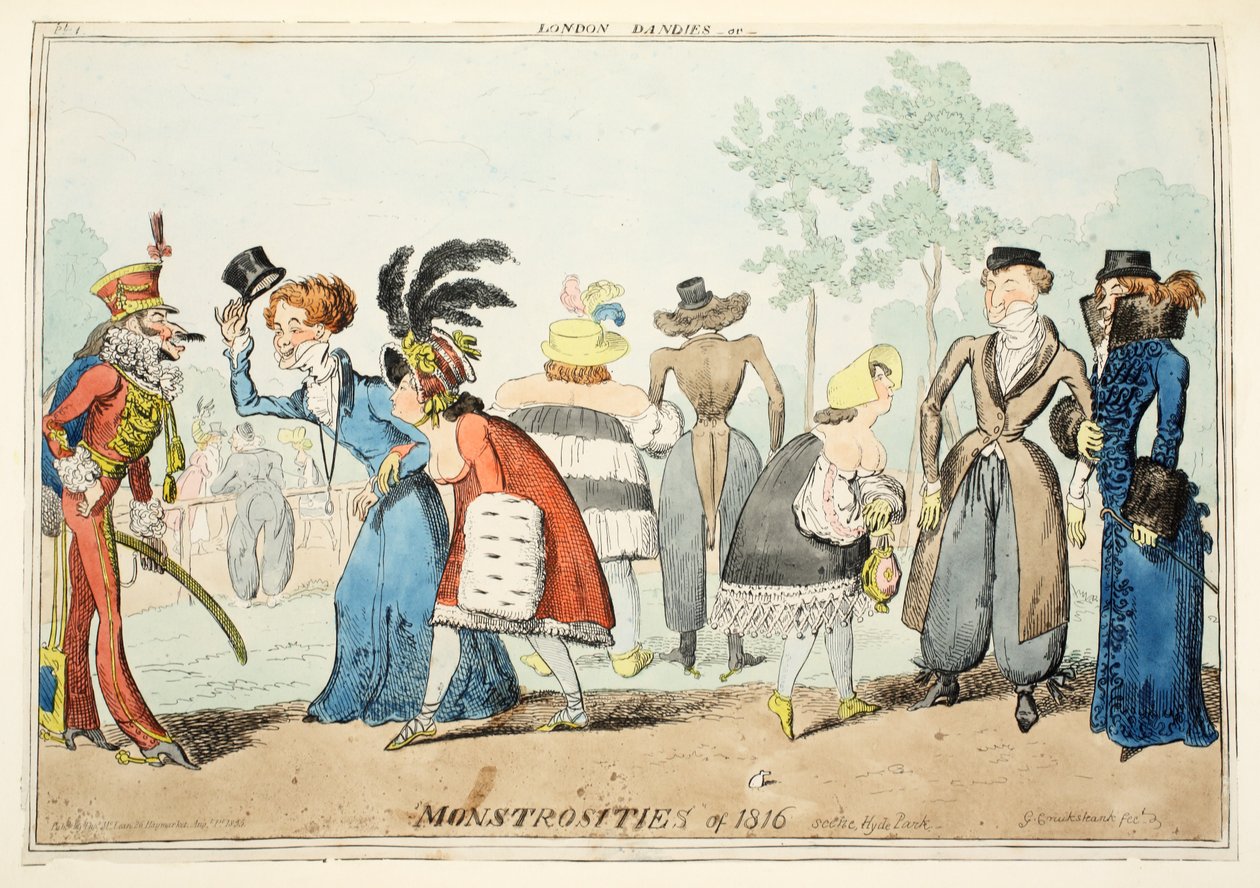London Dandies or Monstrosities of 1815, Hyde Park, pub. 1835 (ručně kolorovaná rytina) od George Cruikshank