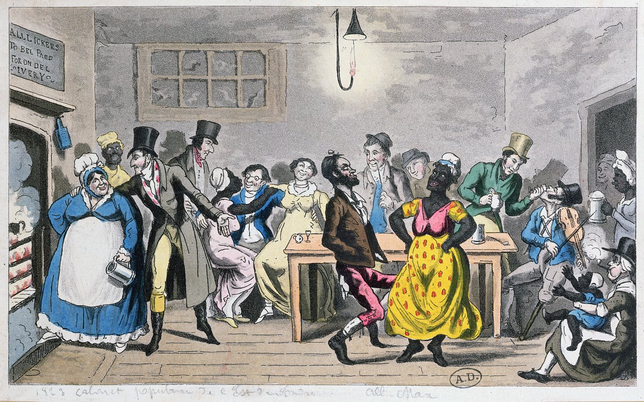 „Nejnižší život v Londýně: Tom, Jerry a logika mezi nesofistikovanými syny a dcerami přírody“ z „Života v Londýně“ od Pierce Egana (1772–1849), 1821 (barevná akvatinta) od George Cruikshank