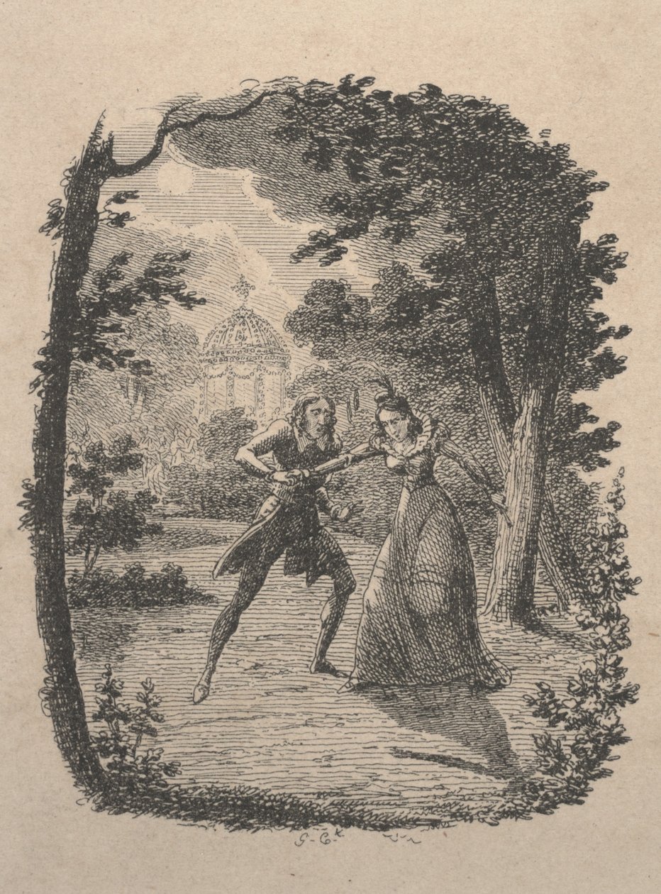 Muž a žena v zahradě (lept) od George Cruikshank