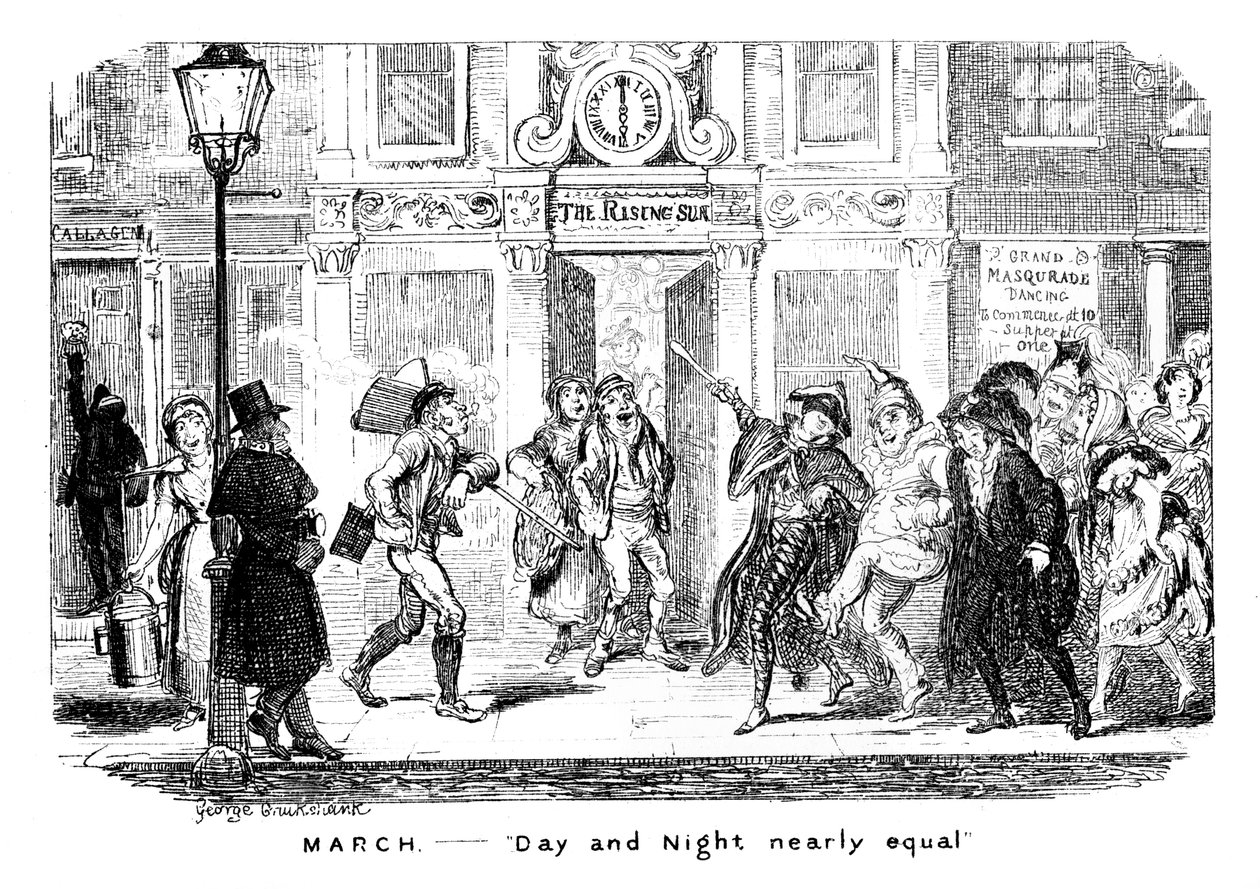 Březen - Den a Noc téměř stejné, 19. století. od George Cruikshank