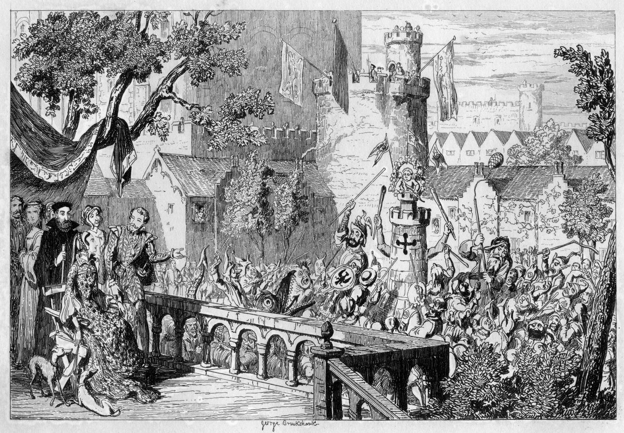 Maska v palácové zahradě Tower of London, 1840. od George Cruikshank