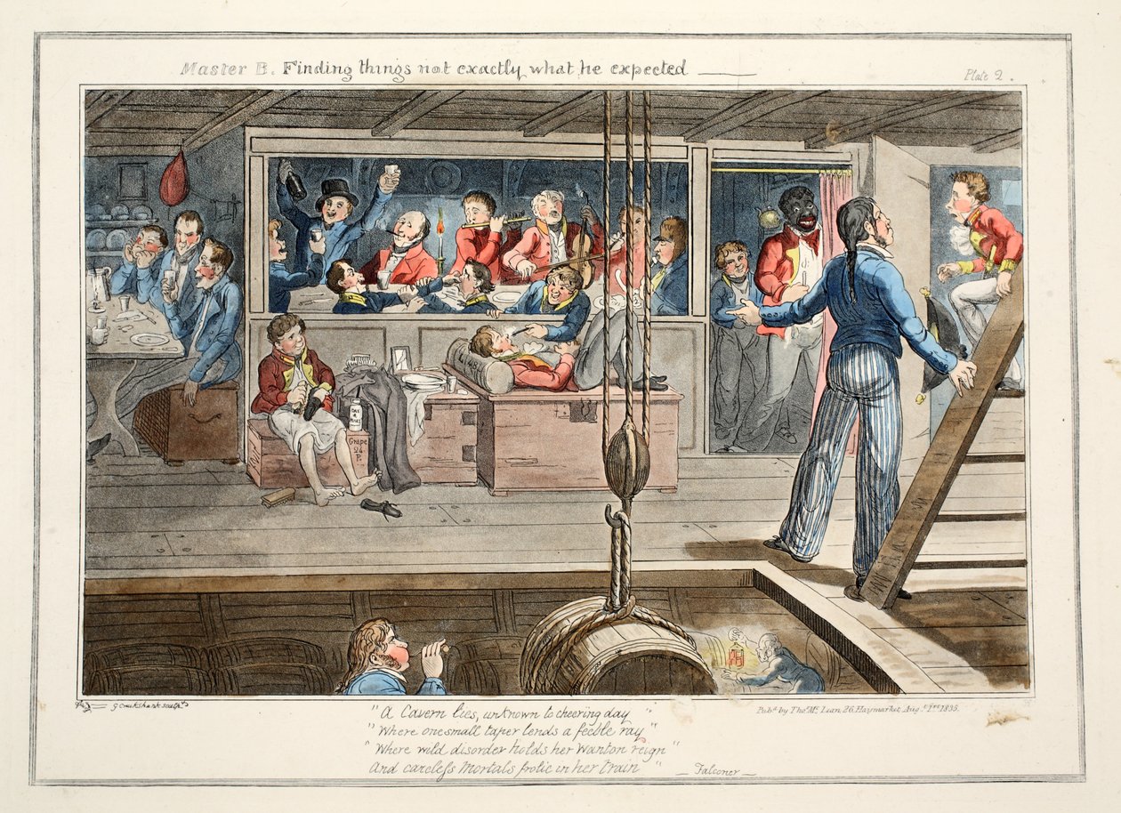 Mistr B, Hledání věcí, které nejsou přesně to, co očekával, hospoda. 1835 (ručně kolorovaná rytina) od George Cruikshank