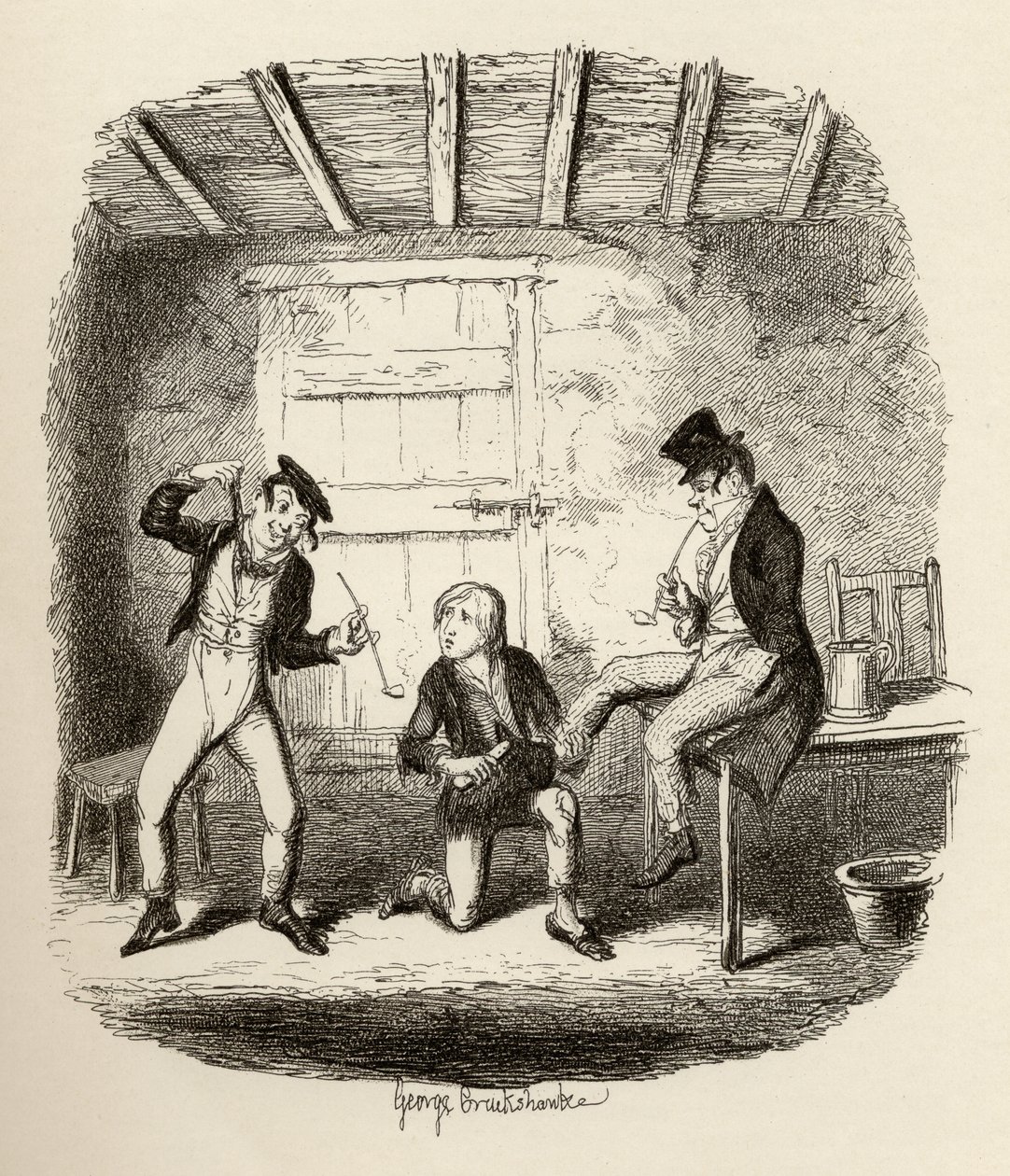 Mistr Bates vysvětluje profesionální techniku z knihy „Dobrodružství Olivera Twista“ od Charlese Dickense (1812-70) 1838, kterou vydal Chapman und Hall, 1901 od George Cruikshank