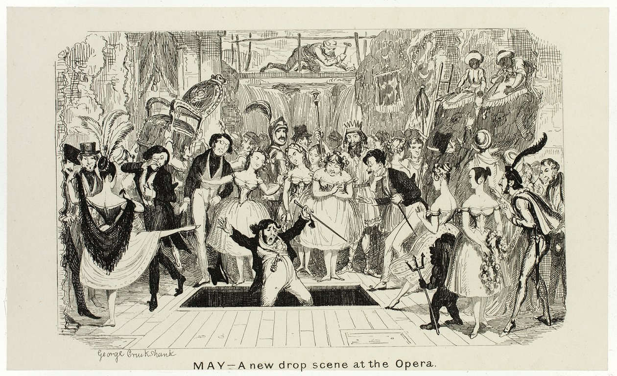 Květen - Nová scéna v opeře z ocelových leptů George Cruikshanka do komiksových almanachů: 1835-1853 od George Cruikshank