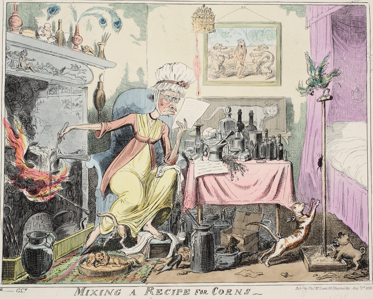 Míchání receptu na kukuřice, pub. 1835 (ručně kolorovaná rytina) od George Cruikshank