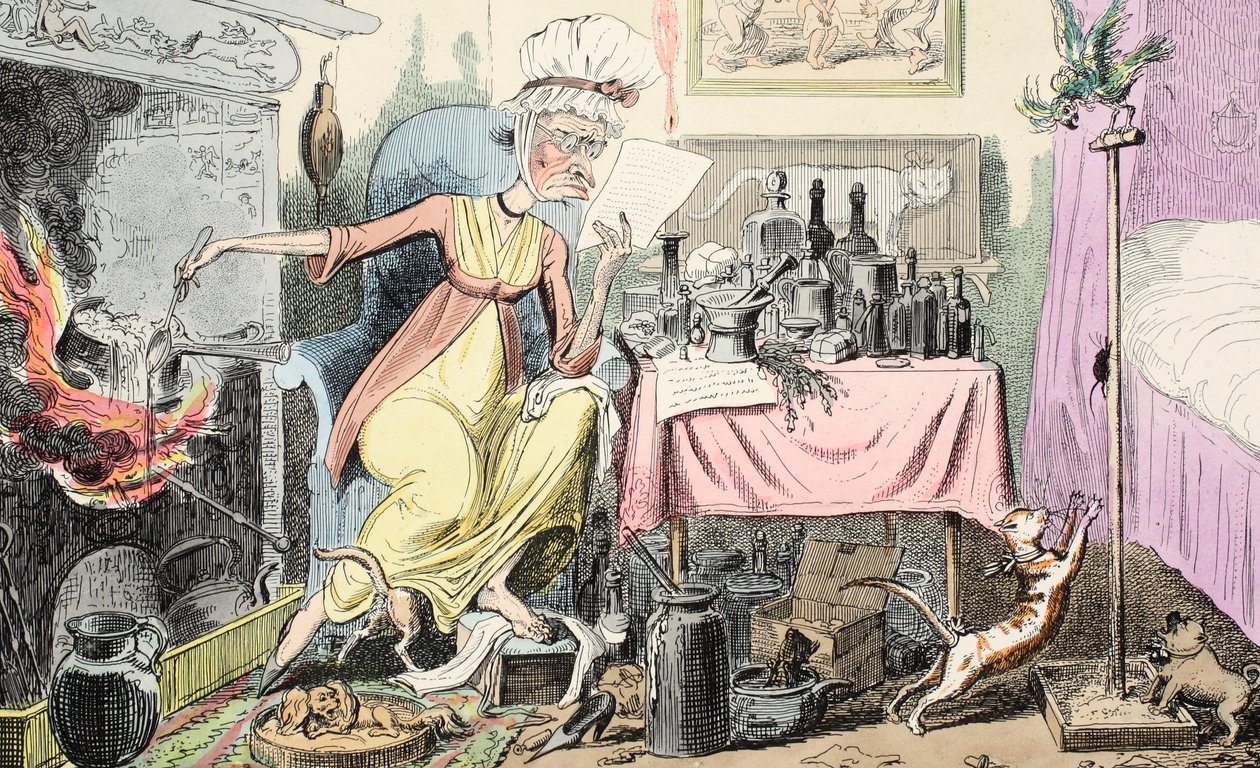Míchání receptu na kukuřice, pub. 1835 (ručně kolorovaná rytina) od George Cruikshank