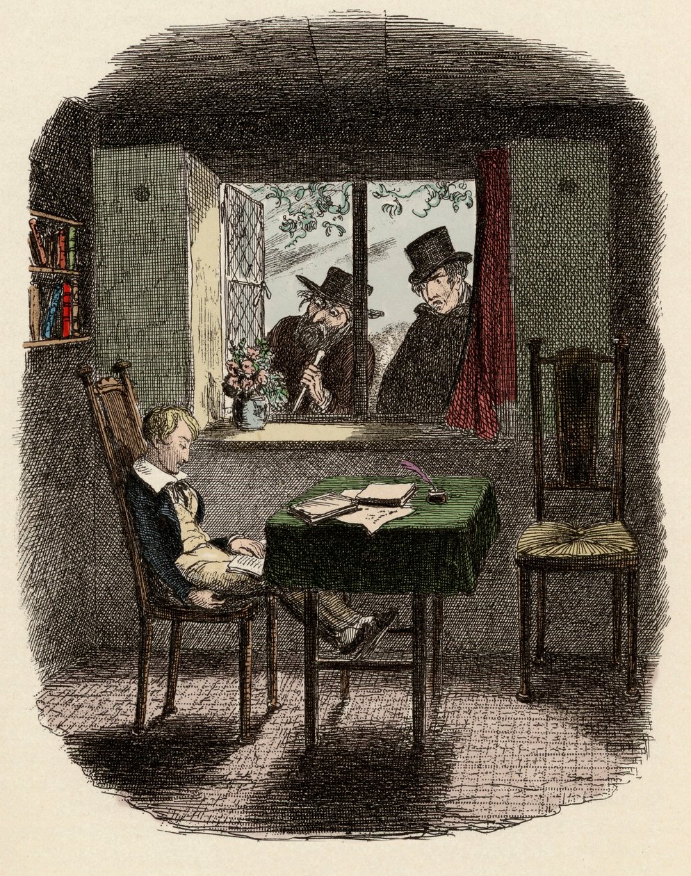 Monks a Fagin pozorují Olivera spícího v Maylie Library - Monks and the Jew - Ilustrace pro ""Oliver Twist"" (Oliver) (Dobrodružství Olivera Twista) od Charlese Dickense (1812-1870), George Cruikshank (1792-1878) ). od George Cruikshank