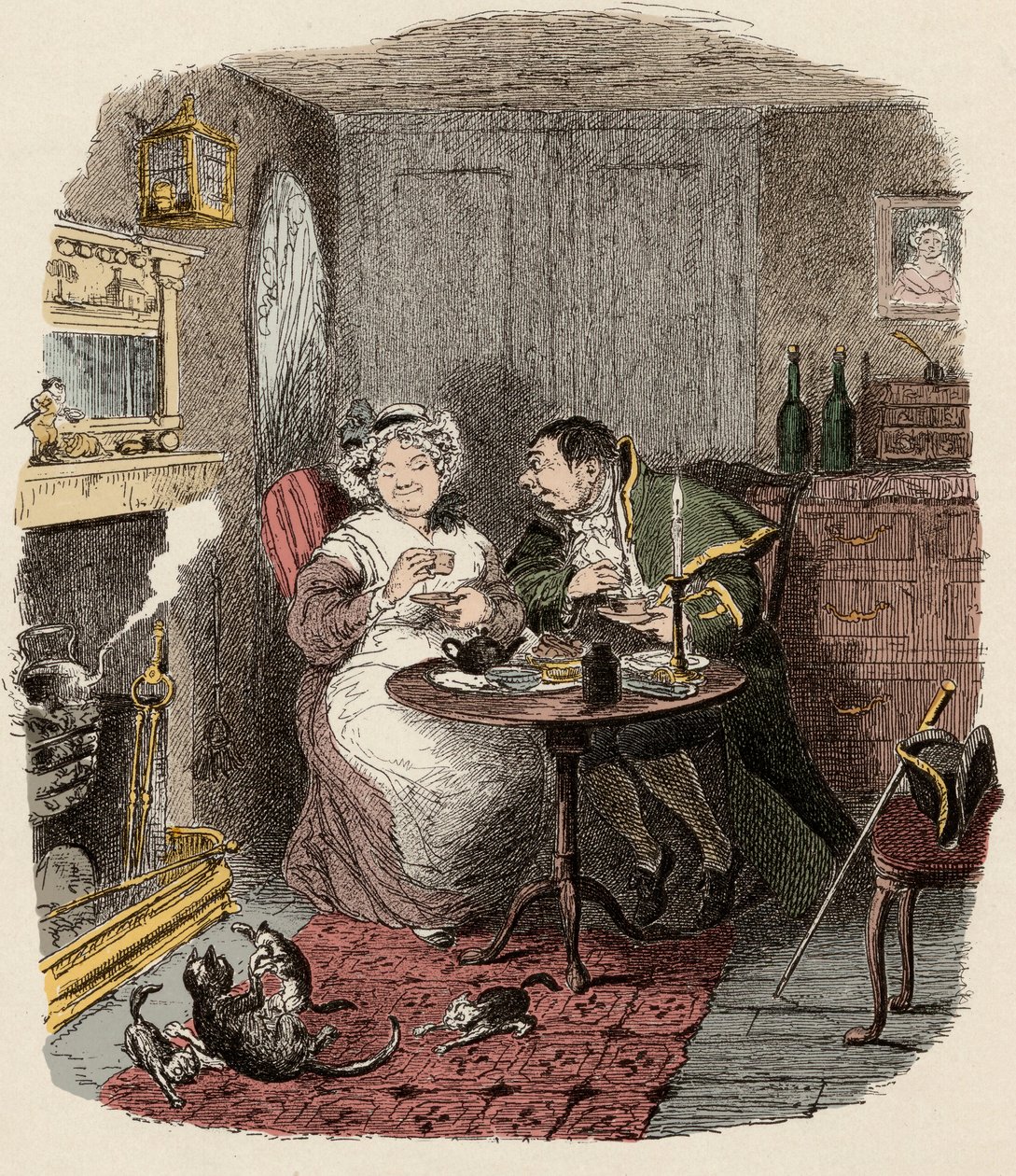 Monsieur Bumble a madame Corney berou - Pan Bumble a paní Corneyová popíjejí čaj - Ilustrace k filmu "Olivier Twist"" (Olivier) (Dobrodružství Olivera Twista) od Charlese Dickense (1812-1870), od George Cruikshanka (1792-1878) ). od George Cruikshank