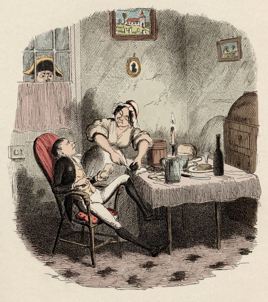 Monsieur Bumble pozoruje Noe Claypolea a Charlottu - Pan Claypole, jak se objevil, když byl jeho pán pryč - Ilustrace k "Oliveru Twistovi" (Olivier) (The Adventures of Oliver Twist) od Charlese Dickense (1812-1870), autor George Cruikshank (1792-1878) . od George Cruikshank