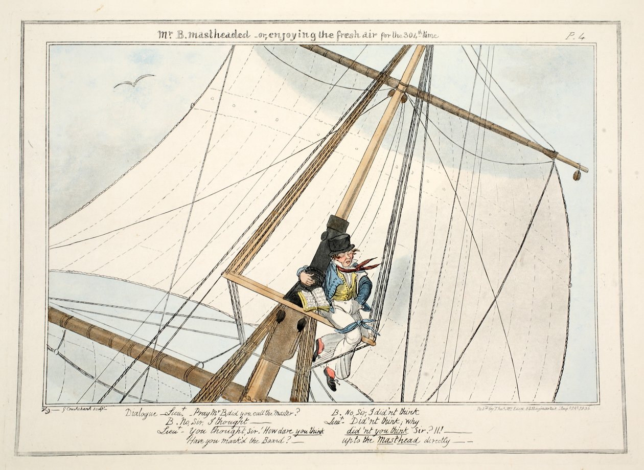 Mr. B. Mastheaded - aneb, užívat si čerstvý vzduch po 304., z The Progress of a Midshipman, 1835 (ručně kolorovaná rytina) od George Cruikshank