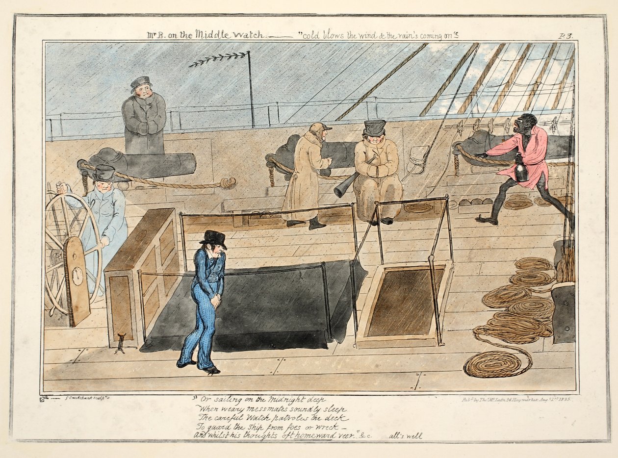 Pan B na prostředních hlídkách - vítr fouká chlad a přicházejí deště, z The Progress of a Midshipman, pub. 1835 (ručně kolorovaná rytina) od George Cruikshank