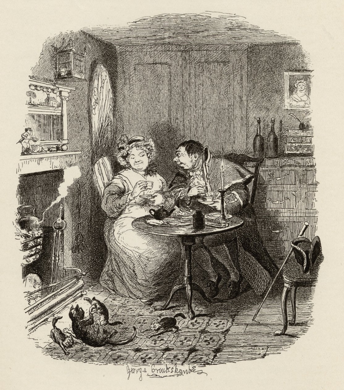Pan Bumble a paní Corneyová si dávají čaj, z knihy "The Adventures of Oliver Twist" od Charlese Dickense (1812-70), 1838, vydáno nakladatelstvím Chapman und Hall, 1901. od George Cruikshank