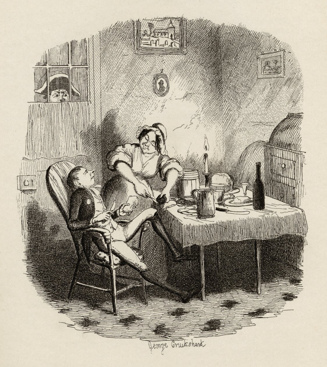 Pan Claypole, jak se objevil, když byl jeho pán venku, z „Dobrodružství Olivera Twista“ od Charlese Dickense (1812-70) 1838, publikoval Chapman und Hall, 1901 od George Cruikshank