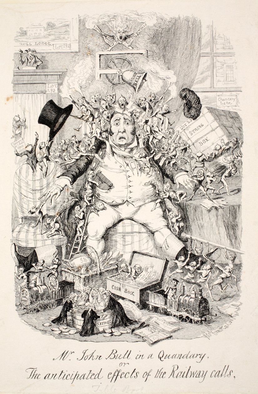 Pan John Bull in a Quandary aneb očekávané účinky železničních hovorů, hospoda. 1845 od George Cruikshank