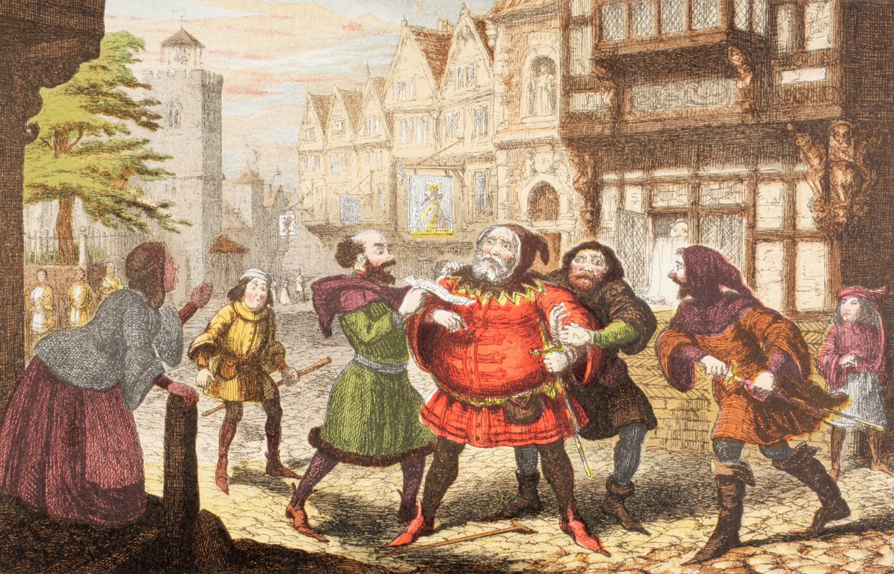 Paní Quicklyová nechala sira Johna Falstaffa zatknout v Jindřichu IV., část 2, z „The Illustrated Library Shakespeare“, vydané v Londýně 1890 od George Cruikshank