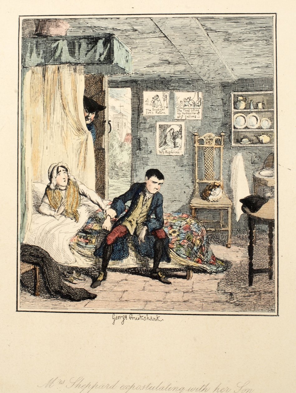 Paní Sheppardová expostuluje se svým synem, ilustrace z Jack Sheppard: A Romance od Williama Harrisona Ainswortha, vydáno 1839 (ručně kolorovaný lept) od George Cruikshank