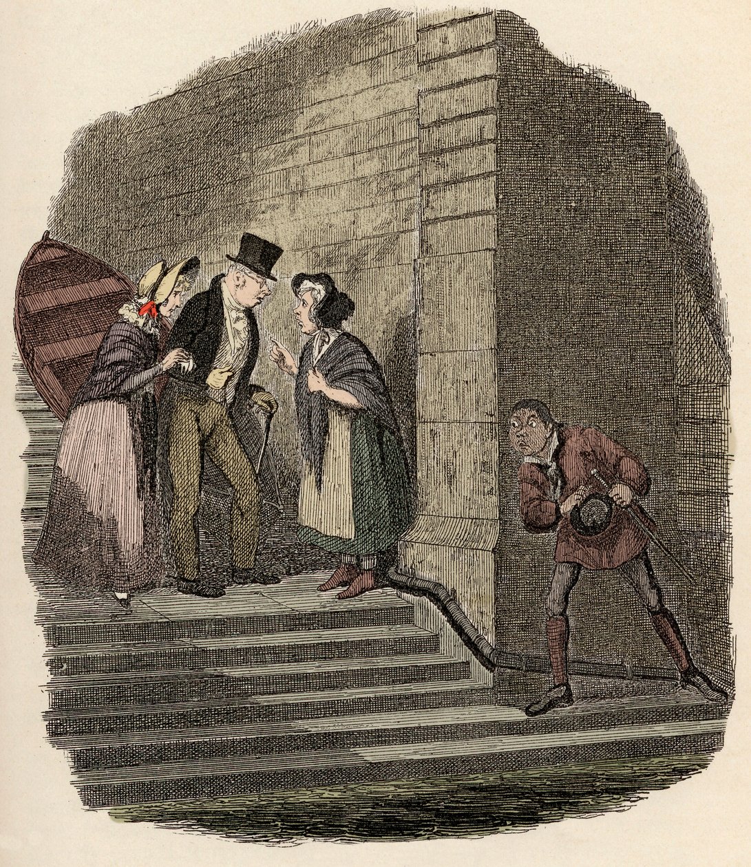 Noe Claypole špehuje tajnou schůzku mezi panem Brownlowem, Rose Maylie a Nancy - Setkání - Ilustrace pro ""Oliver Twist"" (Olivier) (Dobrodružství Olivera Twista) od Charlese Dickense (1812-1870), George Cruikshank (1792-1878). od George Cruikshank