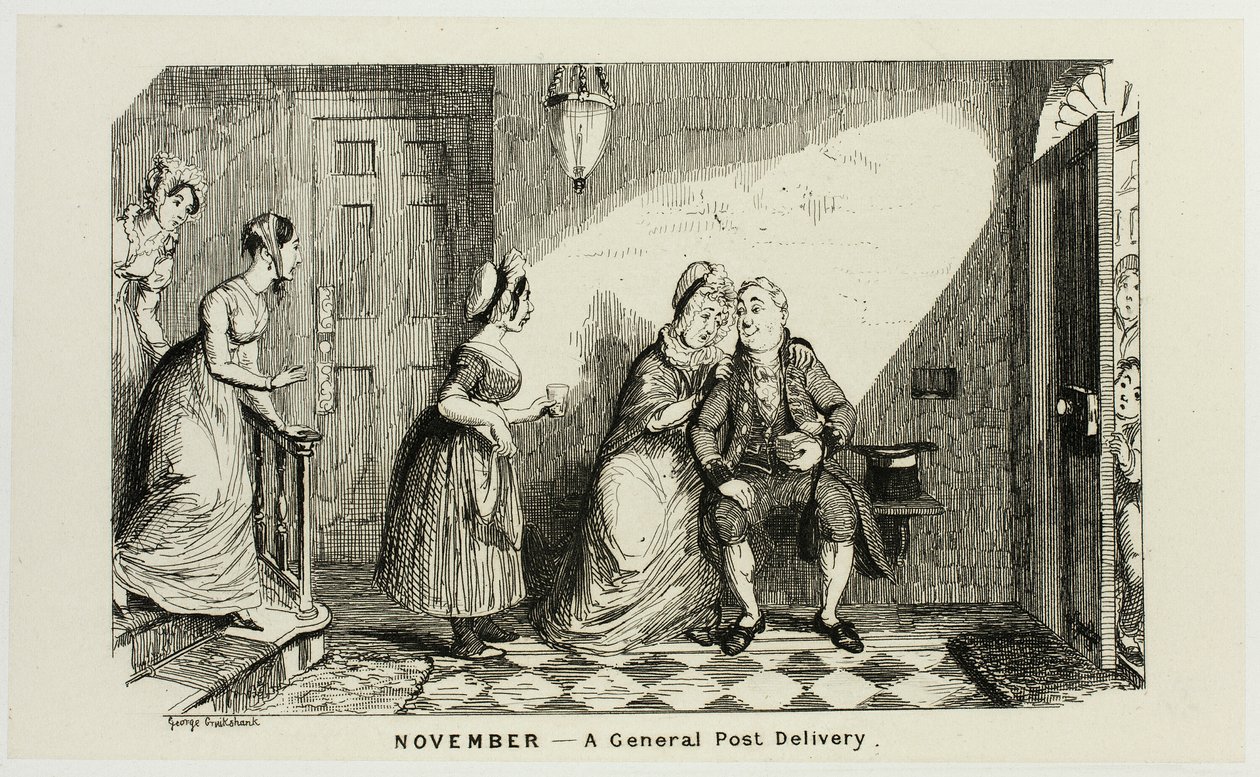 Listopad - Obecná poštovní zásilka v opozici od ocelových leptů George Cruikshanka ke komiksovým almanachům: 1835-1853 od George Cruikshank