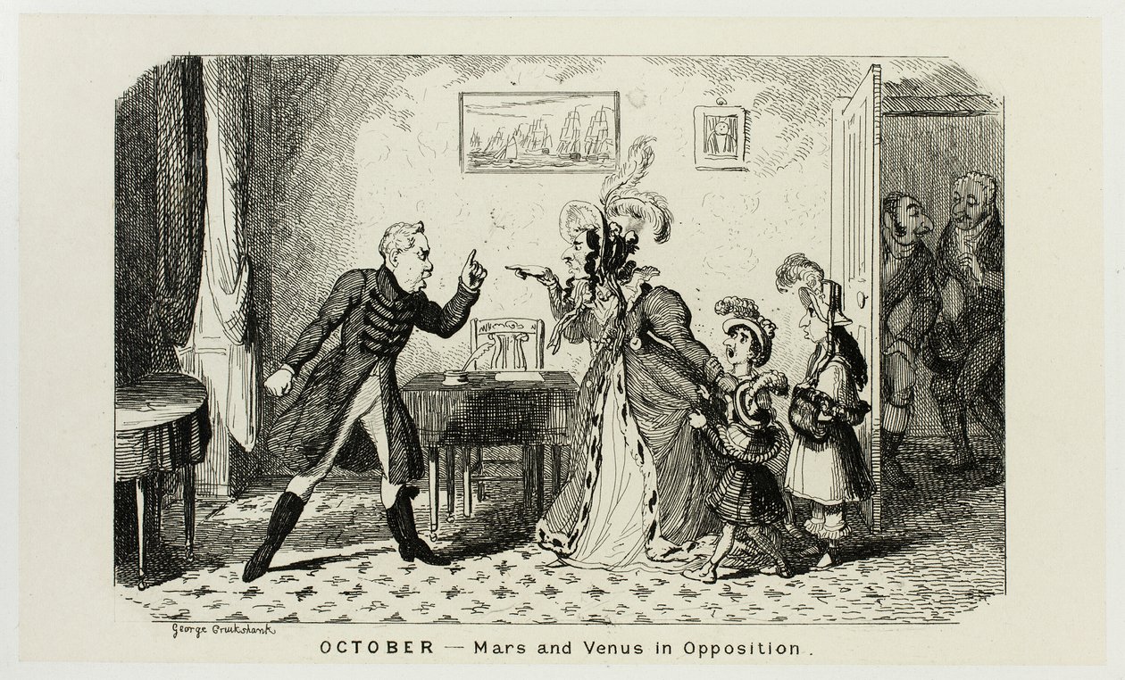 Říjen - Mars a Venuše v opozici z ocelových leptů George Cruikshanka do komiksových almanachů: 1835-1853 od George Cruikshank