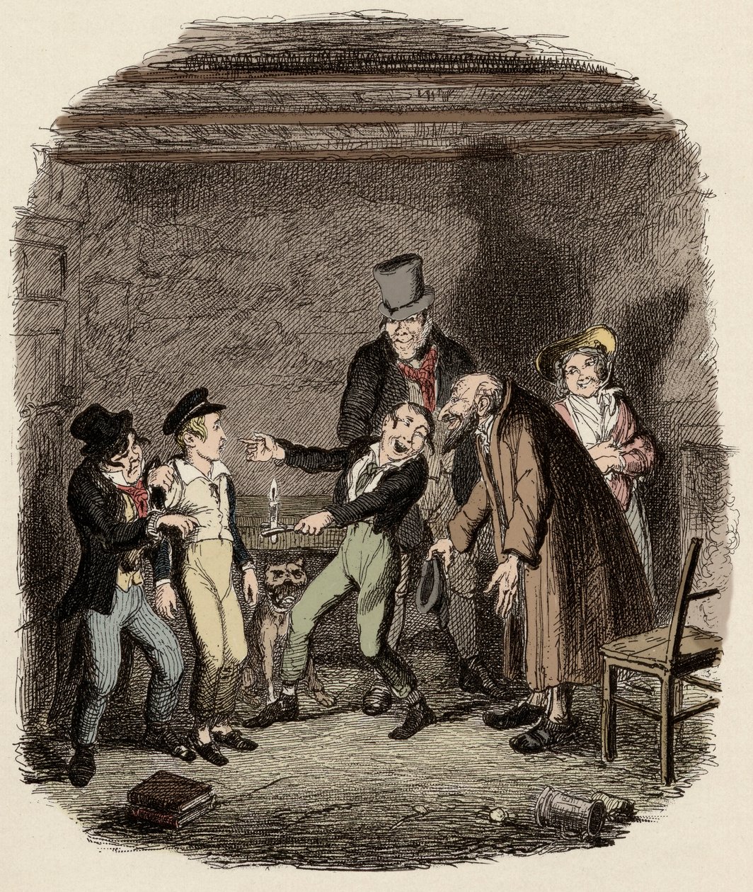 Přijetí Olivera Twista starým Faginem a jeho týmem - Přijetí Olivera Faginem a chlapci - Ilustrace k "Oliveru Twistovi" (Olivier) (The Adventures of Oliver Twist) od Charlese Dickense (1812-1870), autor George Cruikshank (1792-1878) . od George Cruikshank
