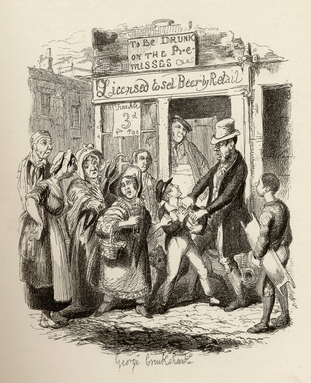 Oliver, kterého si nárokují jeho laskaví přátelé, z knihy "The Adventures of Oliver Twist" od Charlese Dickense (1812-70), 1838, vydáno nakladatelstvím Chapman und Hall, 1901. od George Cruikshank