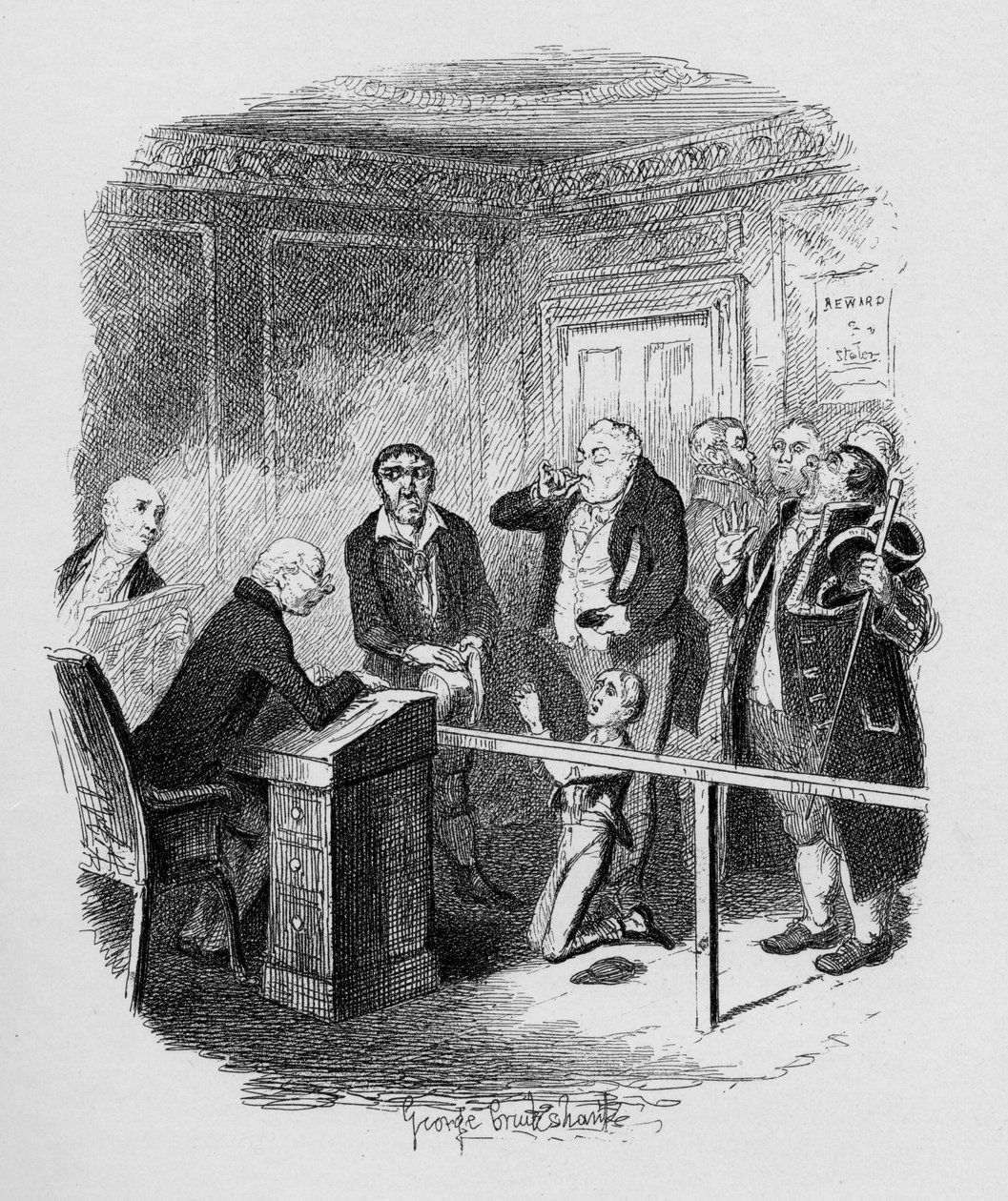 Oliver uteče, když je připoután jako učeň k zametání, z „Dobrodružství Olivera Twista“ od Charlese Dickense (1812-70) 1838, vydaného Chapman und Hall, 1901 od George Cruikshank