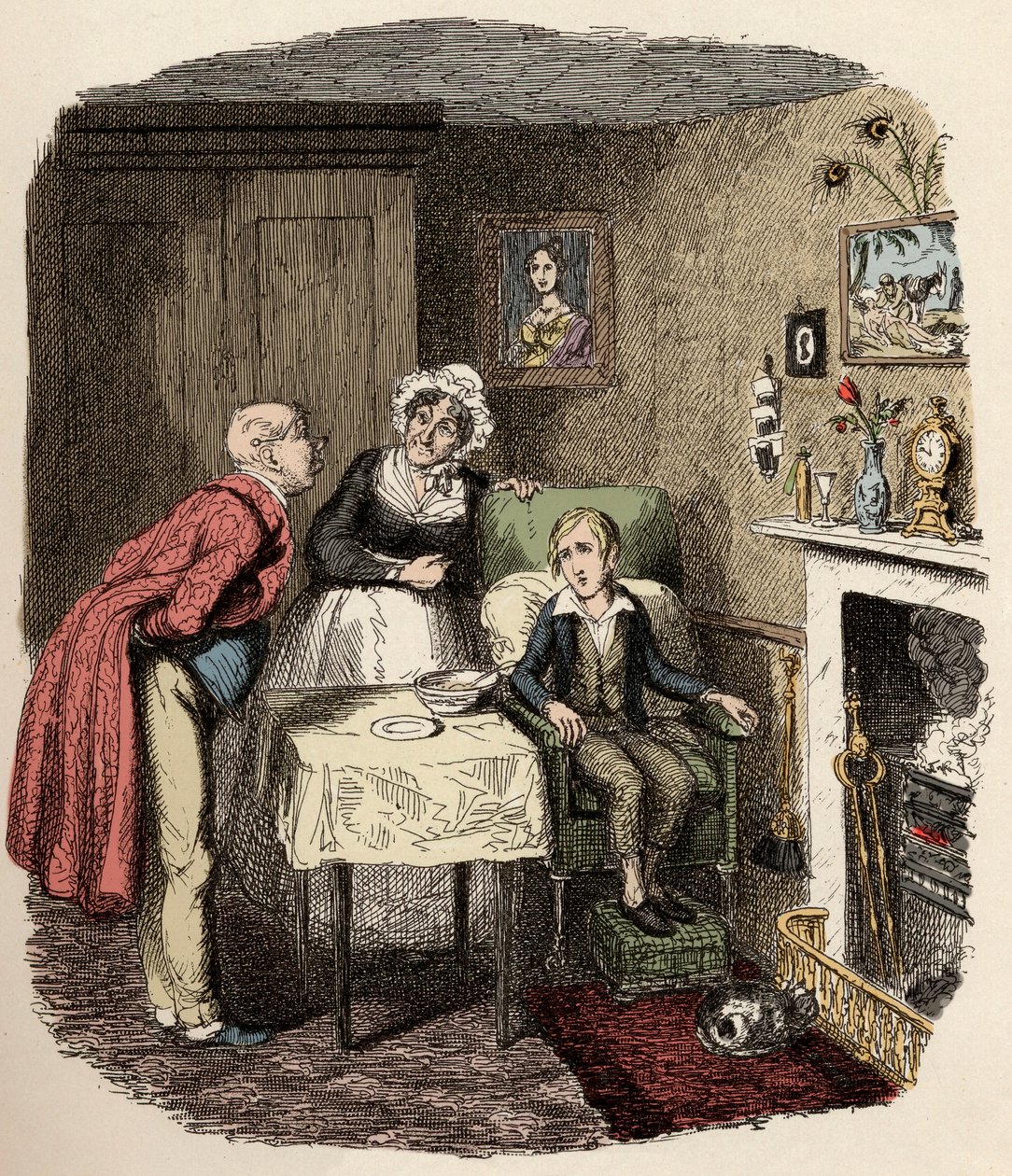 Olivera shromažďuje a stará se o něj pan Brownlow a jeho hospodyně paní Bedwinová - Oliver se zotavuje z horečky - Ilustrace pro „“ Oliver Twist““ (Oliver) (Dobrodružství Olivera Twista) od Charlese Dickense (1812-1870), George Cruikshank (1792-1 od George Cruikshank