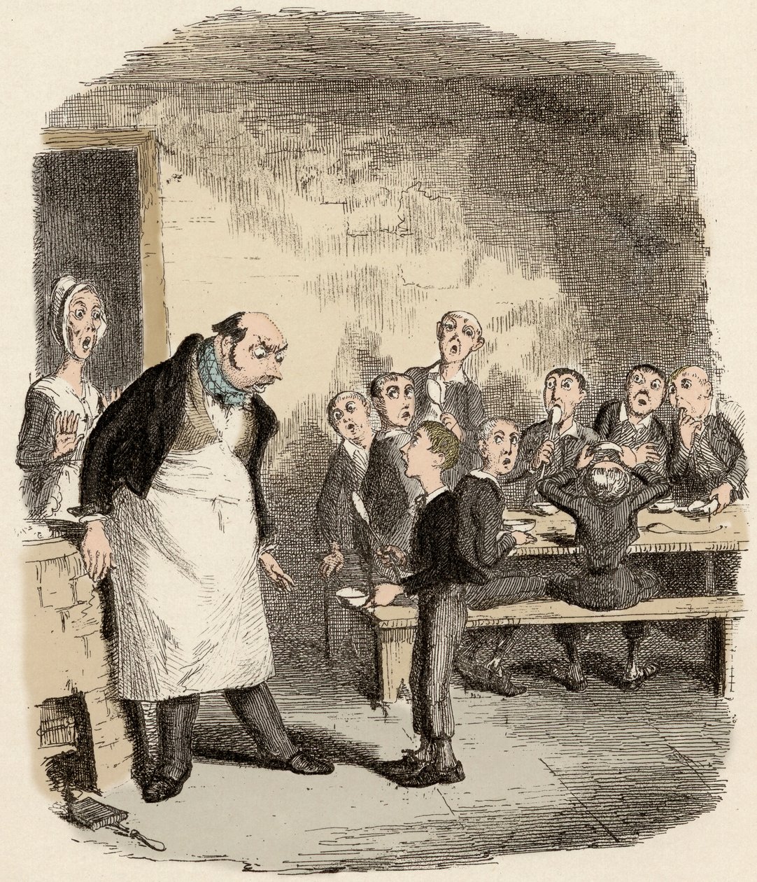 Oliver je navržen tak, aby si od vedoucího Hospice pro malé děti vyžádal jídlo navíc - Oliver žádá o více - Ilustrace pro „“Oliver Twist““ (Olivier) (Dobrodružství Olivera Twista) od Charlese Dickense (1812-1870), od George Cruikshank (1792 od George Cruikshank