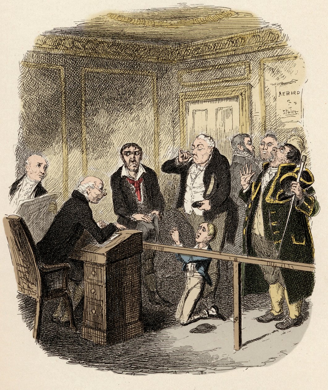 Oliver prosil dětského soudce, aby ho nenechal vyučit v Gamfieldu, u komína - Oliver uteče, když je připoután jako učeň k zametání - Ilustrace pro Charlese Dickense „Oliver Twist“ (Oliver) (Dobrodružství Olivera Twista) (1812-1870), podle od George Cruikshank