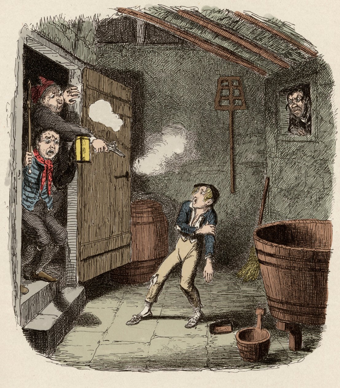 Oliver překvapený a zraněný během pokusu o vloupání - Vloupání - Ilustrace pro "" Oliver Twist "" (Olivier) (Dobrodružství Olivera Twista) od Charlese Dickense (1812-1870), od George Cruikshanka (1792-1878) . od George Cruikshank