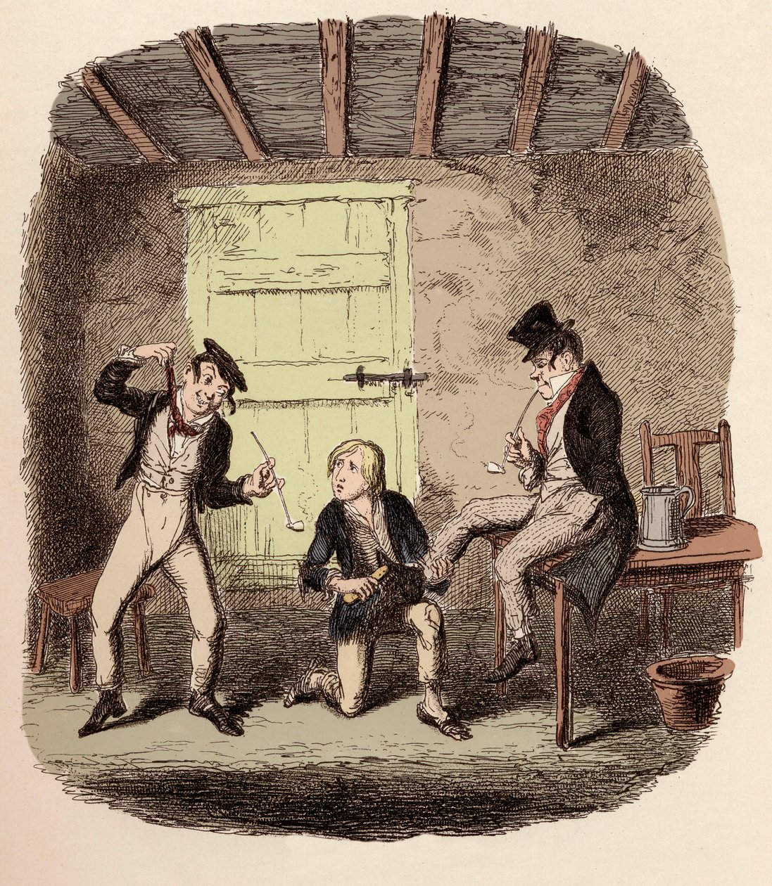Oliver voskuje Foxovy boty, zatímco Charley Bates vysvětluje nebezpečí věšení - Mistr Bates vysvětluje profesionální techniku - Ilustrace pro „Oliver Twist“ (Olivier) (Dobrodružství Olivera Twista) od Charlese Dickense (1812-1870), od George Crui od George Cruikshank