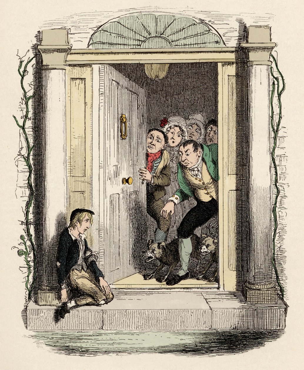 Oliver rány a výfuky žádá o pomoc - Oliver Twist u dveří paní Mayliesové - Ilustrace k "" Oliver Twist "" (Olivier) (Dobrodružství Olivera Twista) od Charlese Dickense (1812-1870), George Cruikshank (1792-1878) . od George Cruikshank