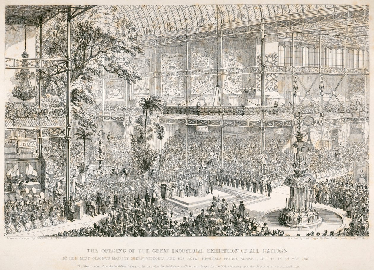 Zahájení Velké výstavy, Crystal Palace, Hyde Park, Londýn, 1851 od George Cruikshank