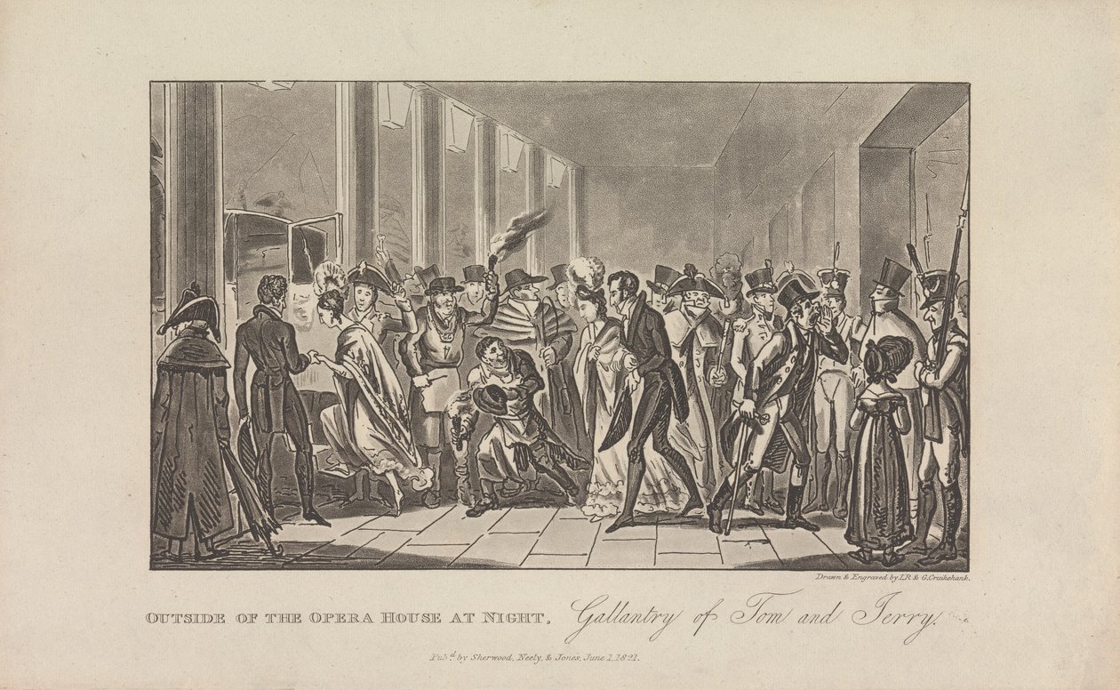 Mimo budovu opery v noci od George Cruikshank