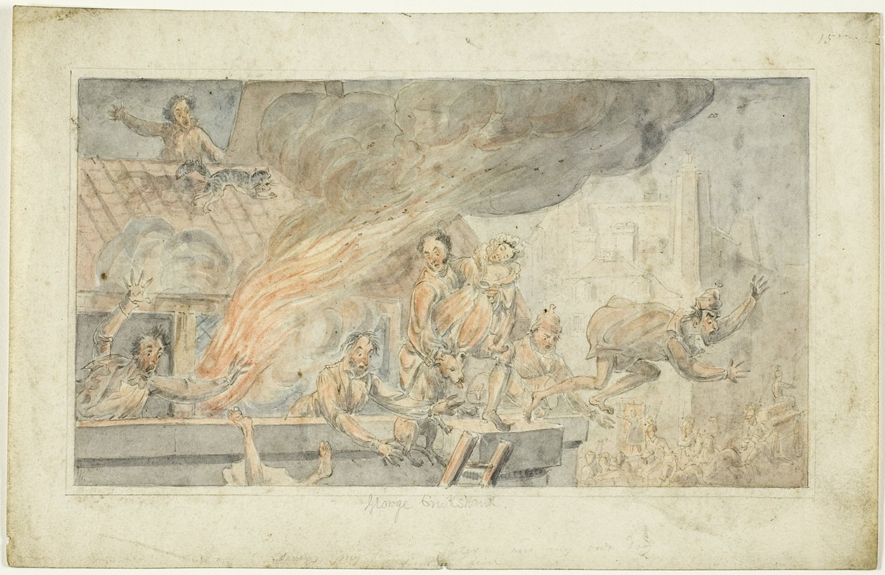 Lidé prchající z hořící budovy od George Cruikshank