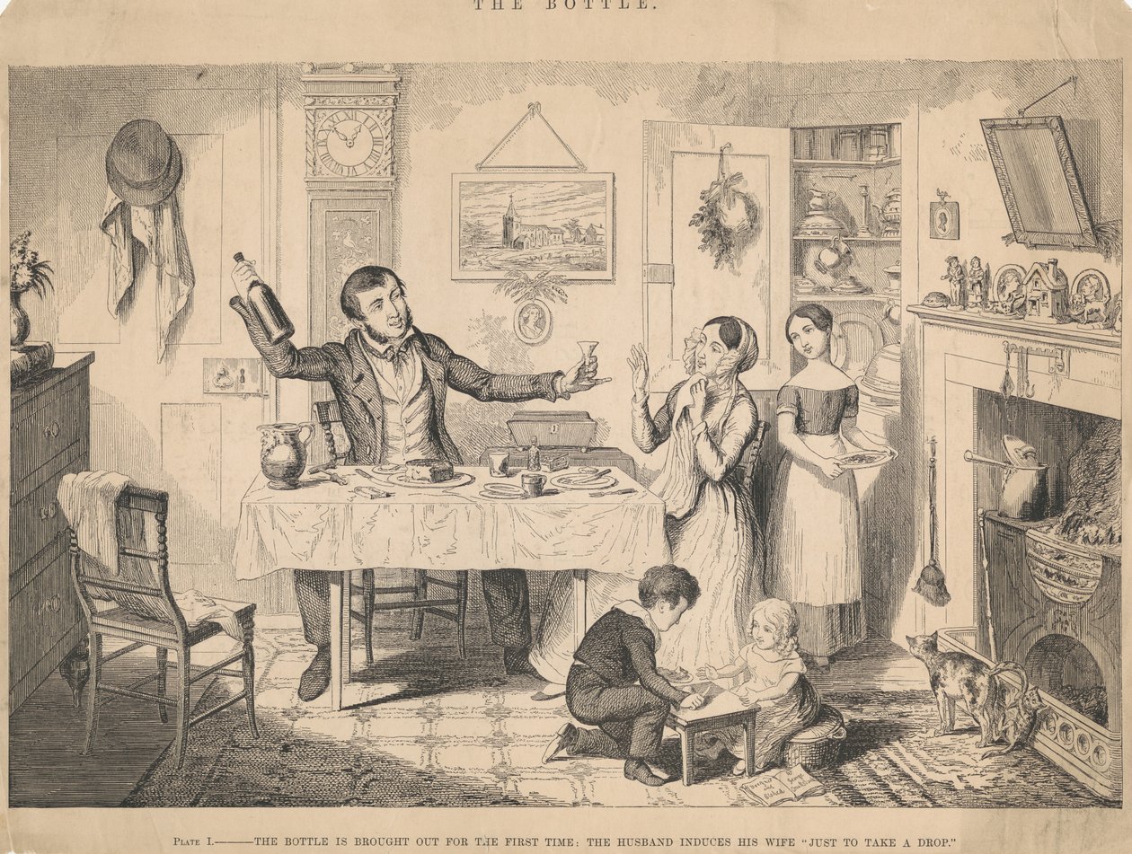Obrázek I, Láhev se poprvé vytahuje od George Cruikshank