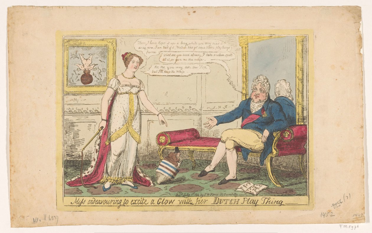 Princezna Charlotte si hrála se svým holandským káčem, 1814 Slečna, která se snaží vzbudit záře svou holandskou hrací věcí (název na předmětu) od George Cruikshank