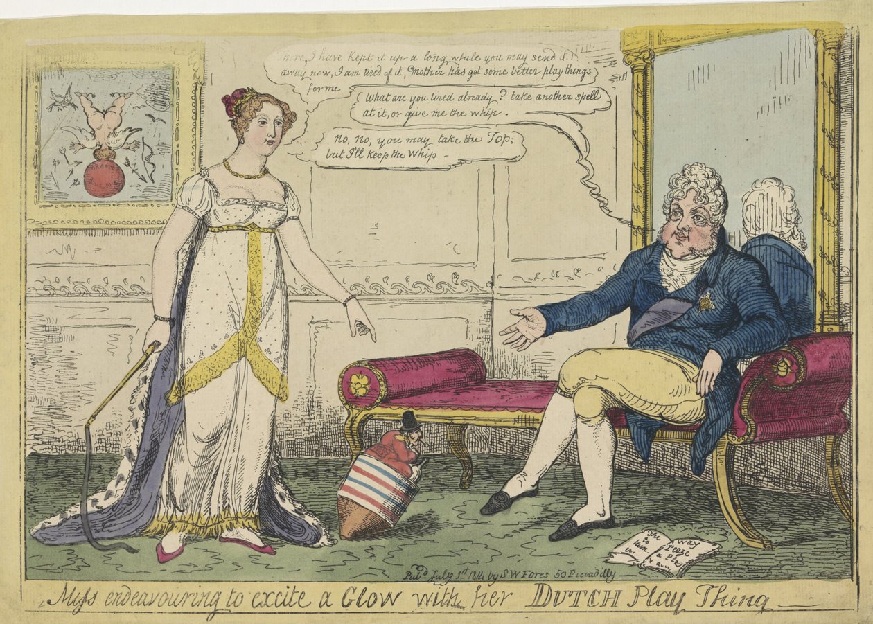 Princezna Charlotte si hrála se svým holandským káčem, 1814 Slečna, která se snaží vzbudit záře svou holandskou hrací věcí (název na předmětu) od George Cruikshank