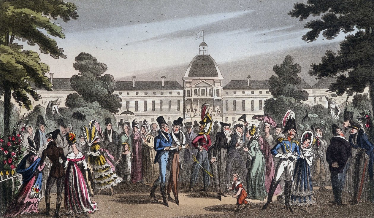 Promenade au Jardin des Tuileries - v „Life in Paris“ od Davida Careyho, Londýn od George Cruikshank