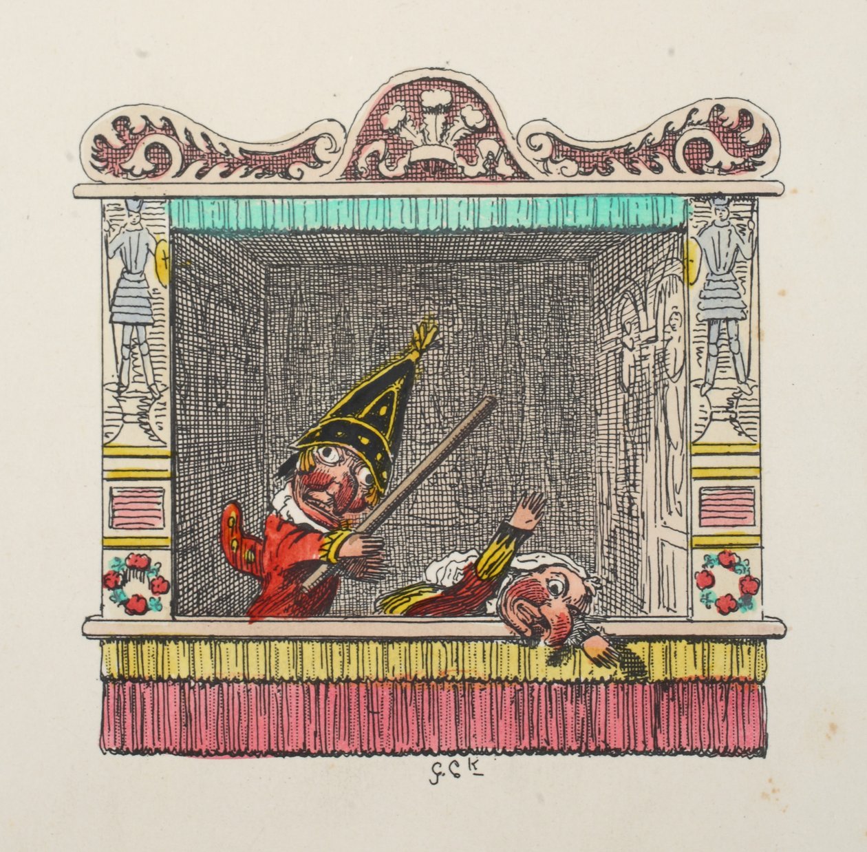 Punch and Judy z hospody Punch and Judy. 1827 (ručně kolorovaná rytina) od George Cruikshank